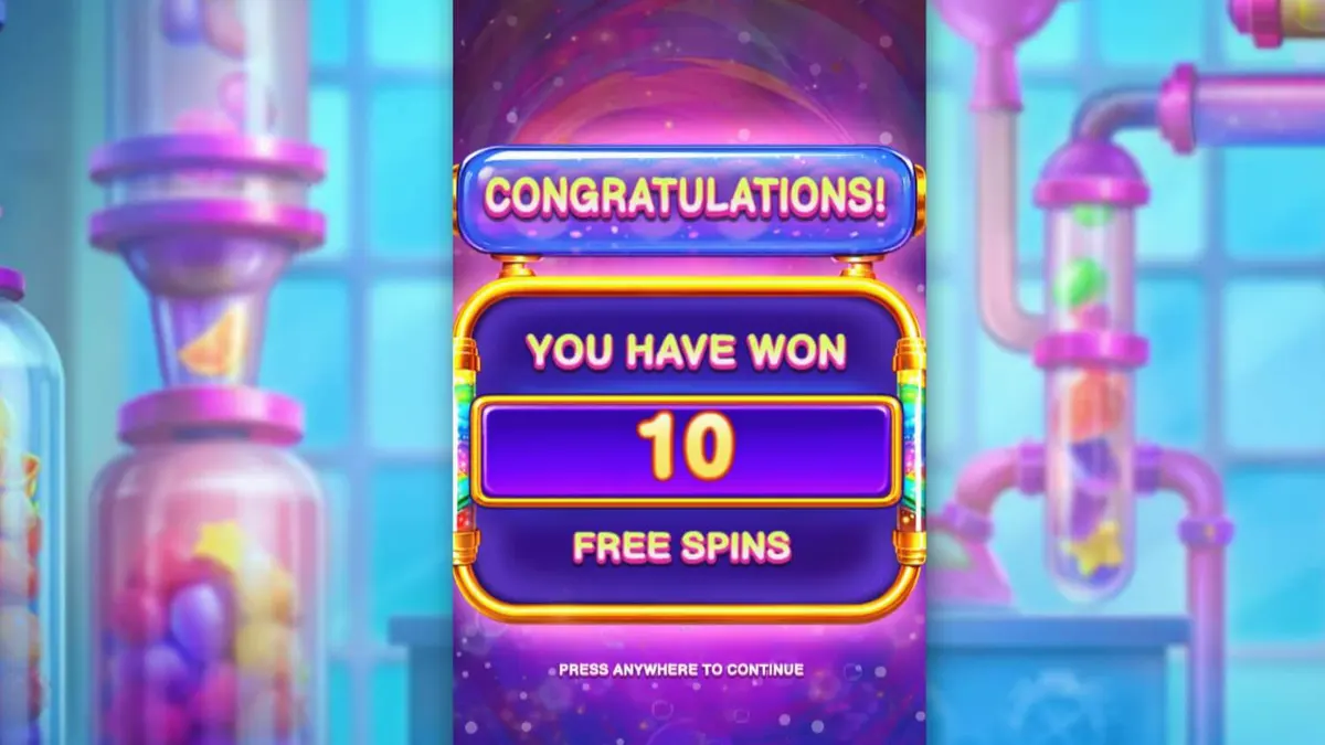 Interface do slot Sweet Burst com símbolos de doces e tubos de laboratório