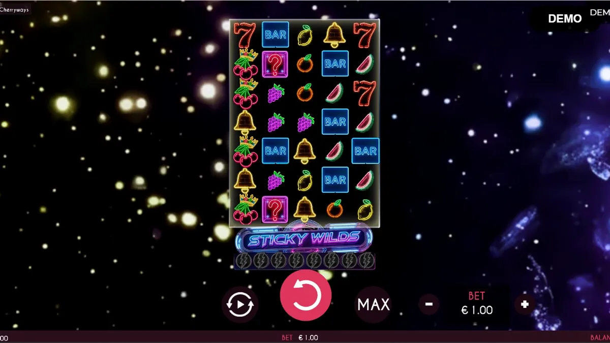 Interface de jogo do slot Turbo Fortune Cherryways com luzes neon e símbolos de frutas.